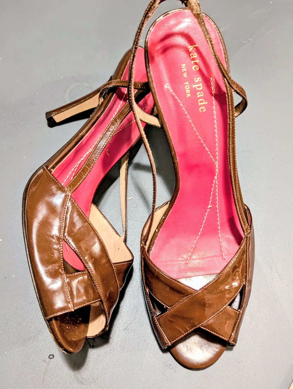 Katie Spade Chocolate Patient Leather Sling Backs Open Toe Sz 6.5 37